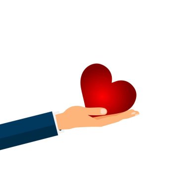 Kırmızı kalp tutan bir adamın eli. 