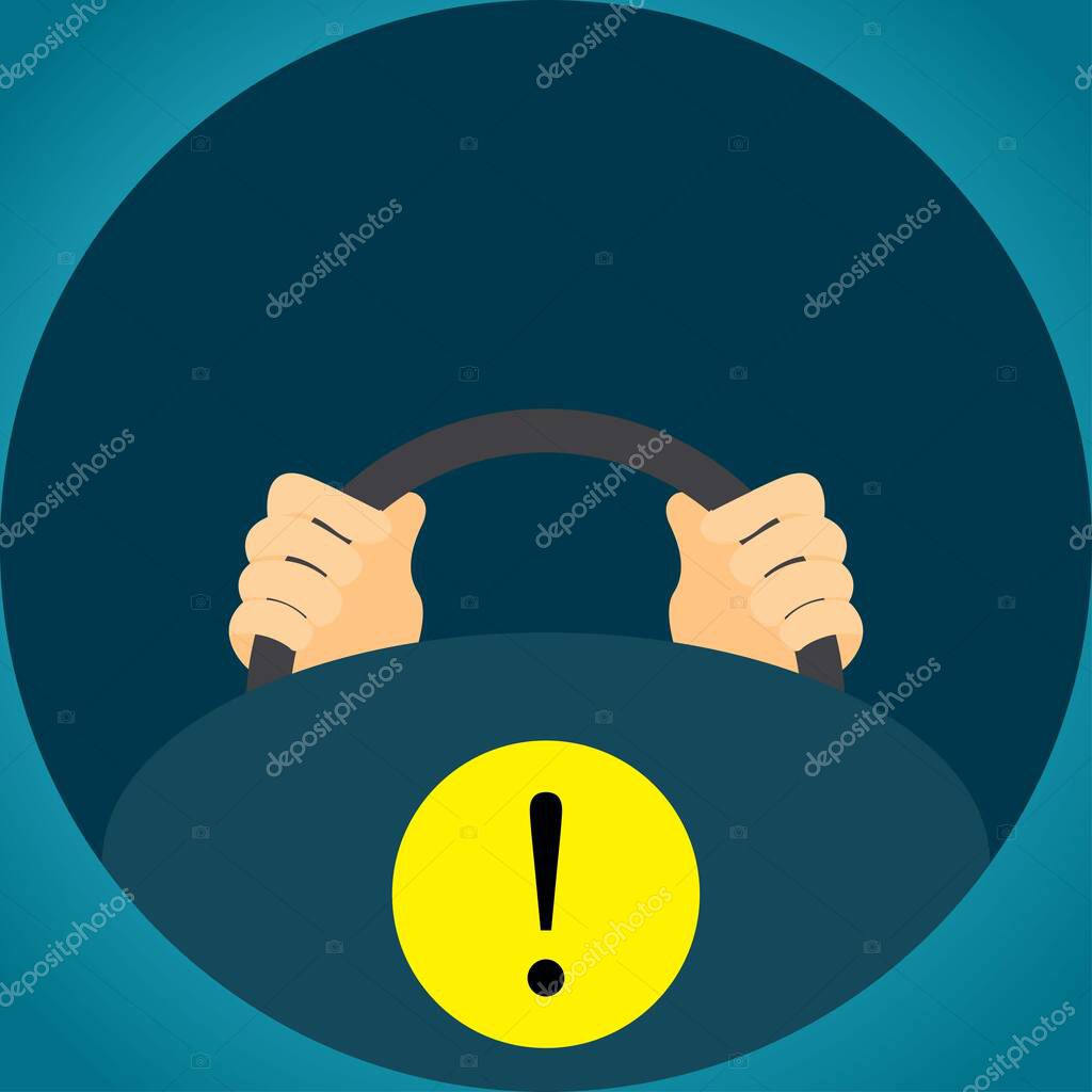 Driving school logo. Steering wheel with hands and exclamation mark in yellow circle