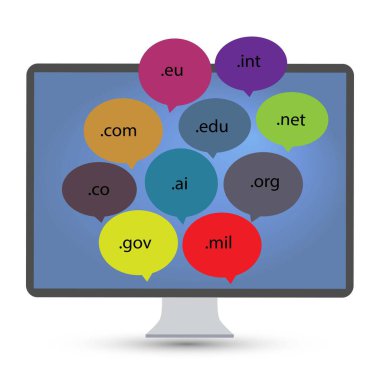 Üzerinde farklı internet alanları yazılı renkli konuşma baloncukları 