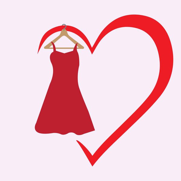 Red dress on a wooden hanger hanging on a red heart shape