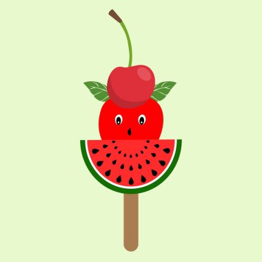 Watermelon slice, cute apple and cherry on a popsicle stick clipart