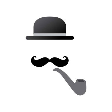 Şapka silueti, bıyık ve beyaz arka planda pipo.