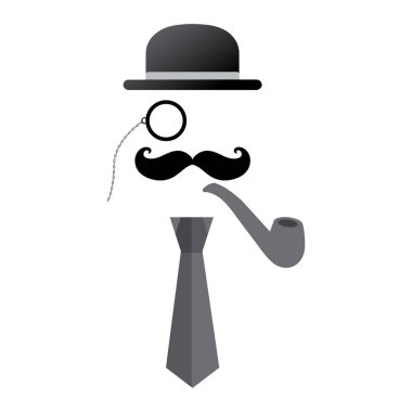 Şapka silueti, tek gözlük, bıyık, pipo ve beyaz arka planda kravat