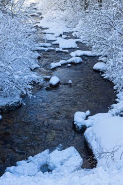 A small mountain stream flows through snow covered rocks and snow covered banks in north Idaho.