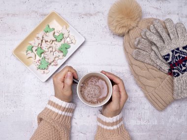 Bir kadının elinde bir fincan sıcak kakao, hayvan bisküvisi, eldiven ve bir şapka tutarken çekilmiş düz bir fotoğraf..