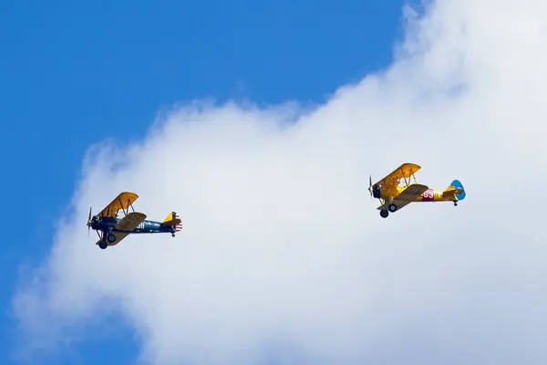 Two Old Style Biplanes Flying Formation Bright Sky Liberty Lake Stock Picture