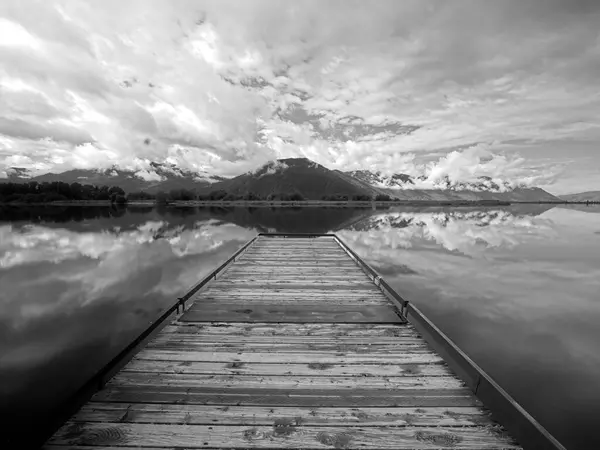 stock image A black and white photo of a floating dock on a calm section of Pend Oreille Lake just south east of Sandpoint, Idaho.