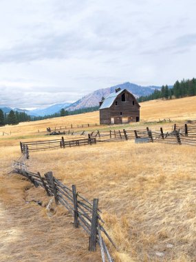 An old vintage barn in a field under a cloudy sky near Ellensburg, Washington. clipart