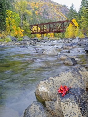 Leavenworth, Washington yakınlarındaki Tumwater Kanyonu 'ndaki Wenatchee Nehri üzerindeki eski yürüyen köprü..