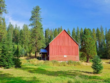 Kuzey Idaho 'daki bir ormanın yanındaki küçük bir arazide parlak kırmızı bir ahır duruyor..