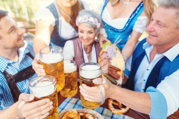 Grupa Przyjaciół Wznoszących Toast Bawarskim Ogrodzie Piwnym — Zdjęcie stockowe