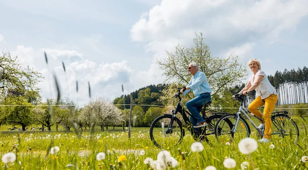 Seniorenpaar Radelt Frühling Mit Dem Fahrrad Durch Eine Wiese — Stockfoto