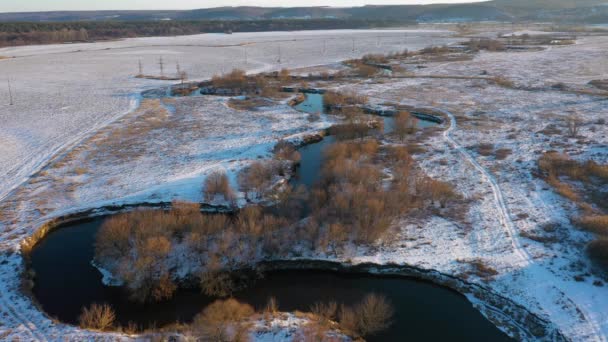 Winter Luftaufnahme Von Flussbiegung Feldern Vorwärts Fliegend Ukraine — Stockvideo