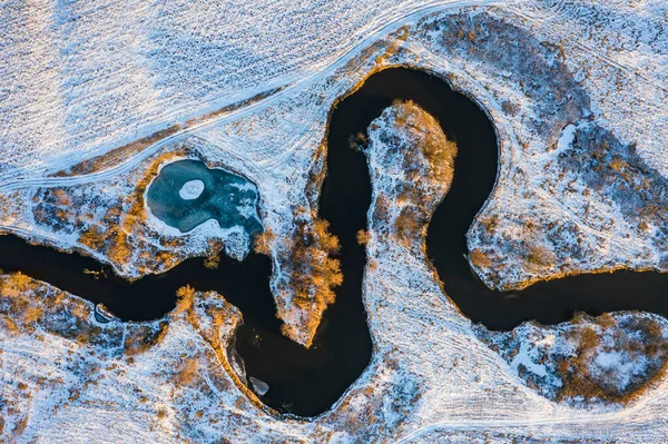Inverno Vista Aérea Superior Para Rio Udy Curva Planície Ucrânia — Fotografia de Stock