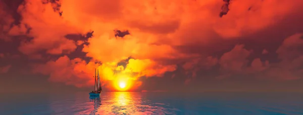 Illustratie Van Zonsondergang Zee Met Zeilboot Stockafbeelding