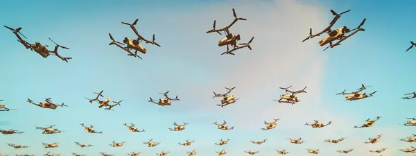 A swarm of advanced drones takes to the sky, showcasing intricate formation flying in a clear blue backdrop.