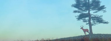 Huzurlu bir geyik tek bir ağacın yanında duruyor. Huzur ve yalnızlığı sembolize eden sakin bir sabahın şafağının yumuşak sisi ile kaplanmış..