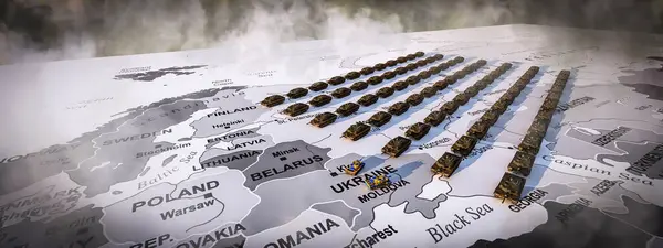 A dramatic display of tanks on a map covering the Northern European region amidst swirling fog.