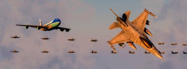 A VIP airplane flanked by a protective formation of fighter jets in the evening sky. clipart