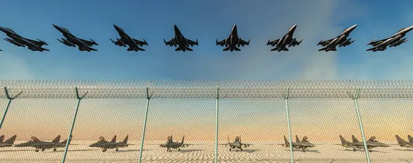Jet aircraft ascending in formation over secure airport fencing, early morning light.