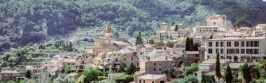 Valldemossas charming stone houses and church spire surrounded by lush mountain greenery. clipart