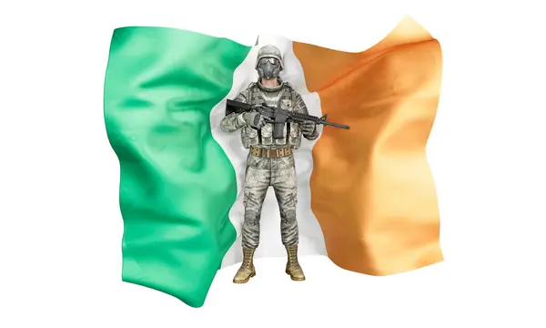 stock image A representation of a soldier standing solemnly in front of the Irish national flag, embodying service and patriotism.