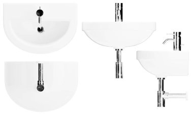 Çeşitli beyaz lavabolar, siyah üzerine krom musluklar.