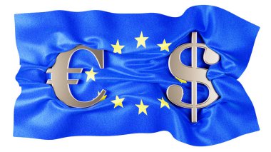 Birbirine bağlı Avrupa ve Dolar işaretleri, AB bayrağına karşı yıldızlı mavi.