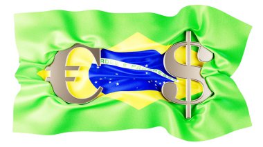 Avrupa ve Dolar 'ın çarpıcı kombinasyonu Brezilya' nın ulusal bayrağının canlı arkaplanına karşı.