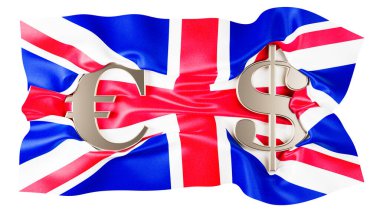 Avrupa ve Dolar tabelalarının birleşimi, Birleşik Krallık bayrağının ayırt edici tasarımı üzerine örtüldü