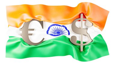 Hindistan bayrağının safran, beyaz ve yeşil şeritleri üzerinde dolanan Avrupa ve Dolar tabelalarının yaratıcı bir gösterisi. Ortasında Ashoka Çakrası var.