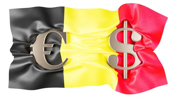 Silná Směs Euro Dolar Značky Proti Černé Žluté Červené Belgické — Stock fotografie