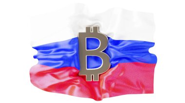 Tanınmış Bitcoin sembollü Rus bayrağı, geleneksel finans ve dijital para biriminin kesişimini vurguluyor.