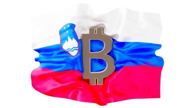 Slovenya bayrağı üst üste bindirilmiş bir Bitcoin sembolü ile dalgalanırken, finans ve vatanseverlik birleşiyor.