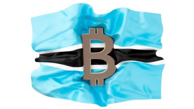 Resim, Botswana bayrağının simgesel açık mavi ve siyah çizgilerine karşı bir Bitcoin sembolü yakalıyor ve ülkenin dijital finansman ile olan ilişkisini simgeliyor..