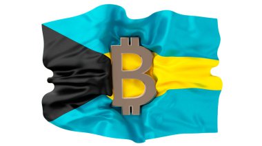 Ülkenin dijital ekonomiye girmesini temsil eden akuamarin, altın ve siyah Bahamalar bayrağına karşı çarpıcı bir Bitcoin sembolü.