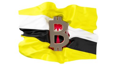 Brunei bayrağına yerleştirilmiş metalik Bitcoin amblemini gösteren bu resim, geleneksel zenginliğin kripto para yeniliğiyle harmanlanmasını simgeliyor..