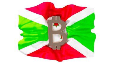An eye-catching image of a metallic Bitcoin symbol placed over the tri-color and star emblem of the Burundi flag, indicating economic modernization. clipart