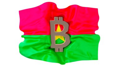 Bu resim, Burkina Faso 'nun canlı kırmızı ve yeşil bayrağına karşı metalik bir Bitcoin sembolü sergiliyor ve ülkenin dijital para birimiyle olan ilgisini vurguluyor..
