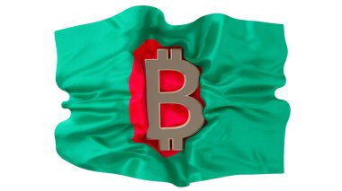 Kırmızı diski ile Bangladeş bayrağının yemyeşil zeminine çarpan metalik Bitcoin sembolünü içeren dinamik bir resim.