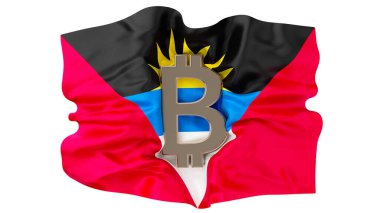 Bitcoin icon superimposed on the rippling flag of Antigua and Barbuda. clipart