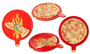 Montenegros 'un çift başlı kartal amblemli parlak kırmızı tabaklarda sunulan leziz peynirli pizzalar, mirası kutluyor..