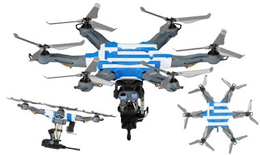 Yunanistan bayrağının siyah, kırmızı ve sarısını koyu arkaplanda gösteren insansız hava araçlarının dinamik bir düzenlemesi.