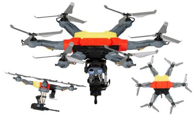 Alman bayrağının siyah, kırmızı ve sarısını koyu arkaplanda gösteren insansız hava araçlarının dinamik bir düzeneği..