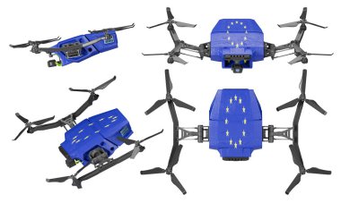 Dörtlü insansız hava araçları AB bayrağındaki ikonik yıldız çemberini sergiliyor, obsidiyen gökyüzüne karşı uçarken stratejik olarak fotoğraflanmış, birlik ve ilerlemeyi simgeliyor