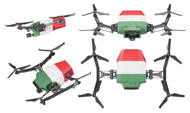 Görüntü, Macaristan 'ın ulusal bayrağının kırmızı, beyaz ve yeşil insansız hava araçlarını yakalıyor, her biri zifiri karanlık gökyüzüne karşı zarafetle süzülüyor.