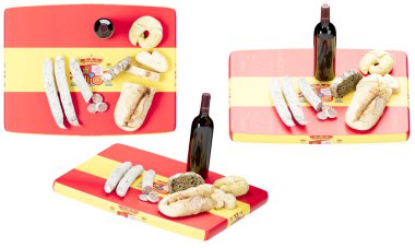 Geleneksel İspanyol yemek seçimi, sosis, rustik ekmek ve şarap içeren bayrak temalı bir fon, mutfak gururunu sembolize ediyor.