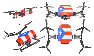 Her biri vatansever renkler ve uzayda dalgalanan Porto Riko bayrağı ile süslenmiş insansız hava araçları dizisi.