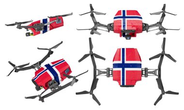 Norveç bayrağının yer aldığı insansız hava araçları (İHA 'lar) koyu bir zemin üzerinde izole edilmiştir.
