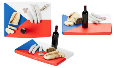 Çek bayrağının renklerinin arkaplan olarak kullanıldığı bir kesim tahtasında ustalıkla düzenlenmiş nefis bir Çek lezzeti seçimi.